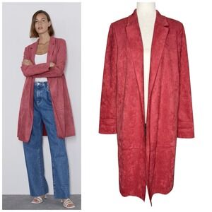 ZARA Rose Pink Faux Suede Longline Duster Jacket Coat Pockets Women's Size L